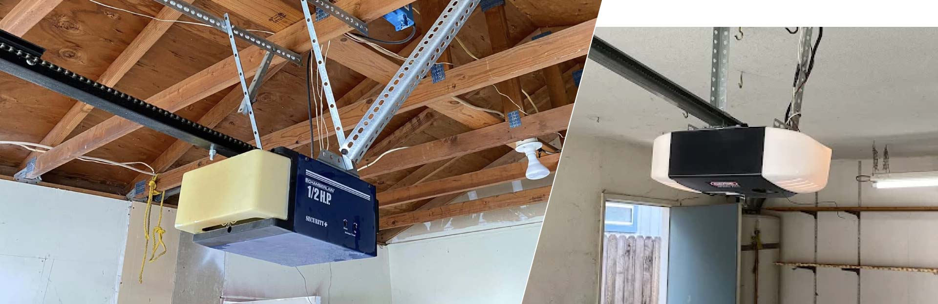 Old vs. new garage door opener installation showing a chain drive motor on exposed rafters alongside a modern belt drive unit on a finished ceiling.