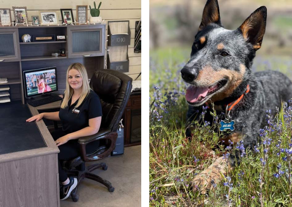 manager Tiffany Schreiber and the dog of browns garage door